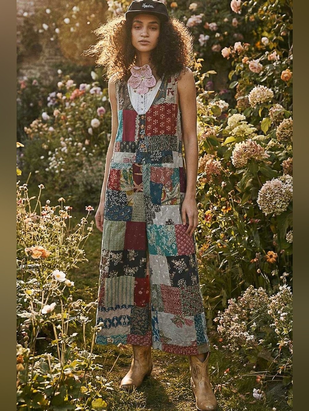 1-0509 POL Patchwork Cotton Loose Fit Light Weight Jumpsuit Overalls - Picture 5 of 8